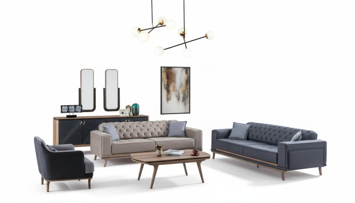 Luxury Modern Living Room Set 4-piece 4-seater Sofa Armchair Coffee Table Wood Furniture