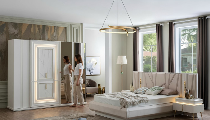 Bedroom set luxury bed, 2x nightstands, wardrobe, 4-piece furniture set