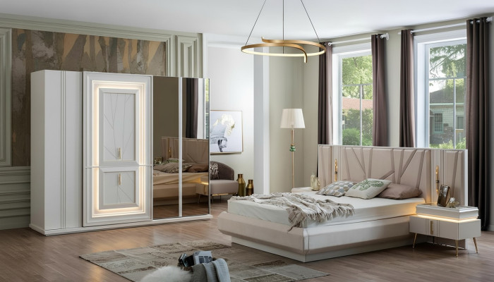 Bedroom set luxury bed, 2x nightstands, wardrobe, 4-piece furniture set