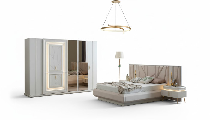 Bedroom set luxury bed, 2x nightstands, wardrobe, 4-piece furniture set