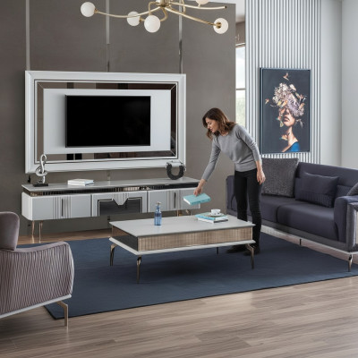 Designer living room set 4-piece: upholstered sofa, TV stand, coffee table, tables.