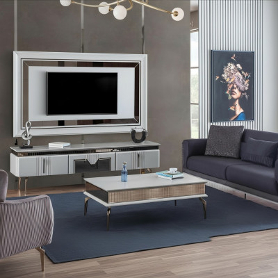 Designer living room set 4-piece: upholstered sofa, TV stand, coffee table, tables.