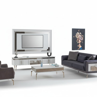 Designer living room set 4-piece: upholstered sofa, TV stand, coffee table, tables.