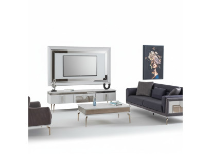 Designer living room set 4-piece: upholstered sofa, TV stand, coffee table, tables.