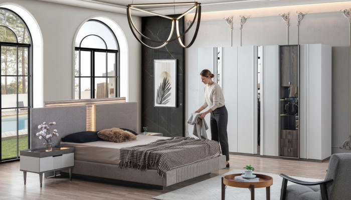 Bedroom set modern bed 2x nightstands and wardrobe 4-piece new