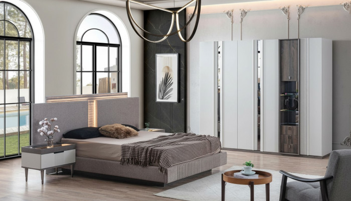 Bedroom set modern bed 2x nightstands and wardrobe 4-piece new