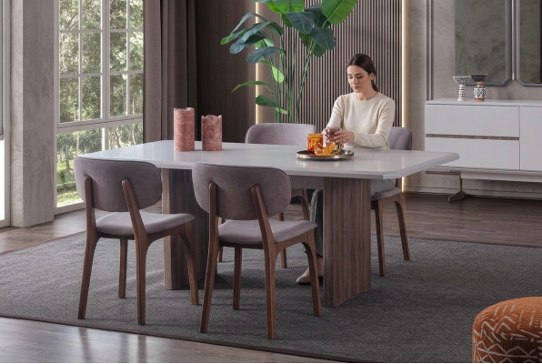 Designer dining room set consists of 5 pieces: dining table and 4 modern chairs.
