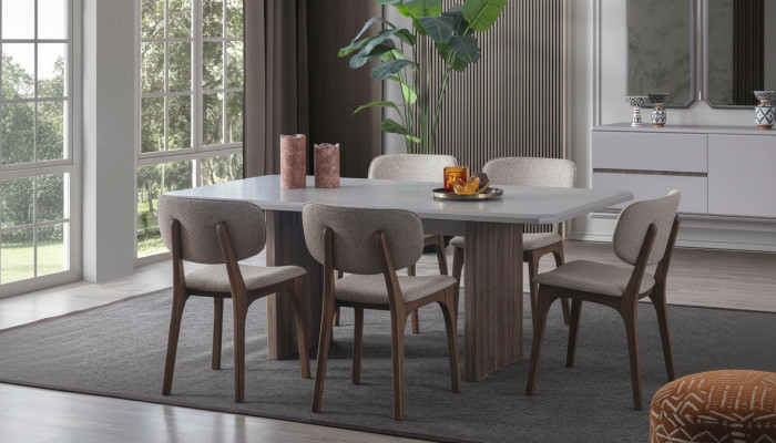 Designer dining room set consists of 5 pieces: dining table and 4 modern chairs.