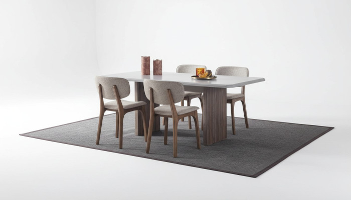 Designer dining room set consists of 5 pieces: dining table and 4 modern chairs.