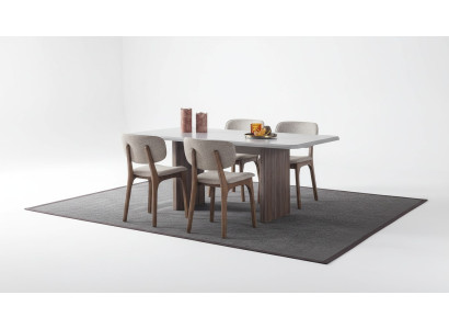 Designer dining room set consists of 5 pieces: dining table and 4 modern chairs.