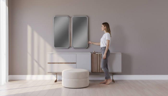 Exclusive dining room sideboard, 2x mirror style dresser, 210cm wood, 3 pieces.
