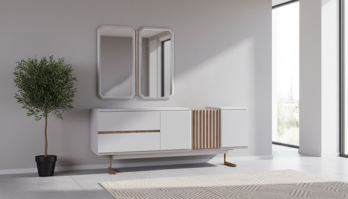 Exclusive dining room sideboard, 2x mirror style dresser, 210cm wood, 3 pieces.
