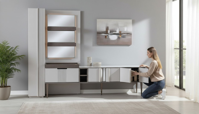 Exclusive wall unit white color designer furniture for living room LED-lit