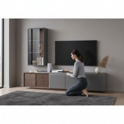 Designer living room set TV cabinet with exclusive wall shelf, 2-piece shelf set.