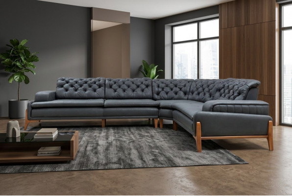 Luxury L-shaped corner sofa with music system, modern gray upholstered furniture, faux leather