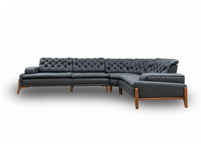 Luxury L-shaped corner sofa with music system, modern gray upholstered furniture, faux leather