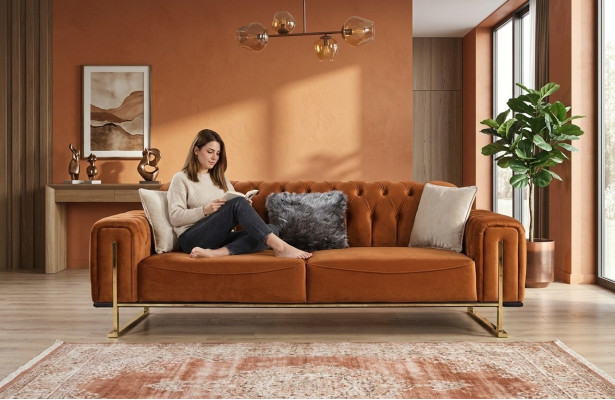 Luxury Chesterfield Sofa 3-seater Brown Cognac Sofas Upholstered Textile Couches