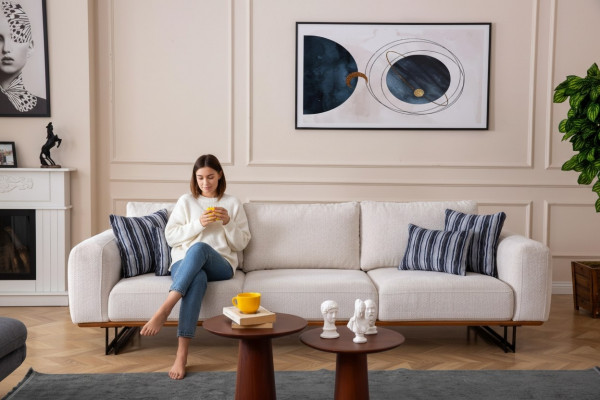 Designer 4-seater sofa, modern furniture, white color in style living room