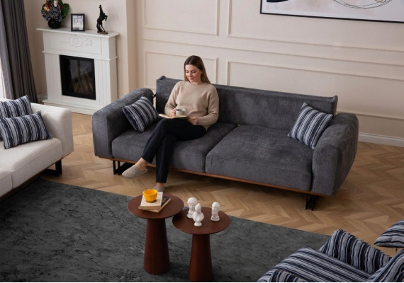 Couch 230cm Seat Cushion 3-Seater Sofa Grey Designer Furniture Living Room