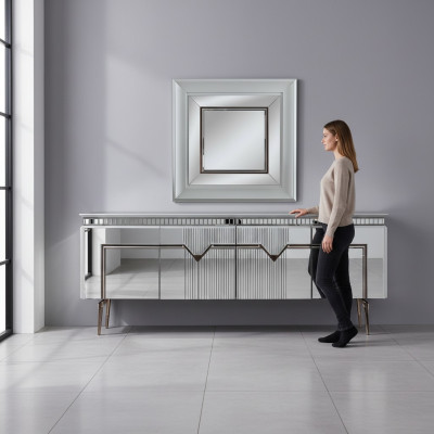 Designer dining room set consists of a 2-piece sideboard, mirror, dresser, silver.