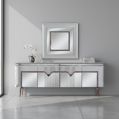 Designer dining room set consists of a 2-piece sideboard, mirror, dresser, silver.