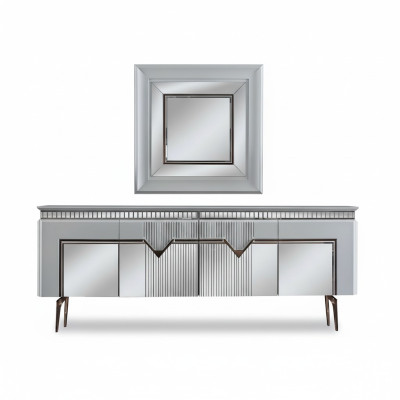 Designer dining room set consists of a 2-piece sideboard, mirror, dresser, silver.