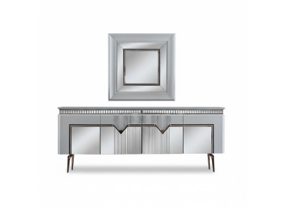 Designer dining room set consists of a 2-piece sideboard, mirror, dresser, silver.