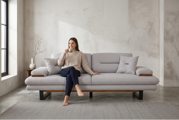Designer gray sofa, 3-seat, modern style furniture for the living room, 238cm couches.