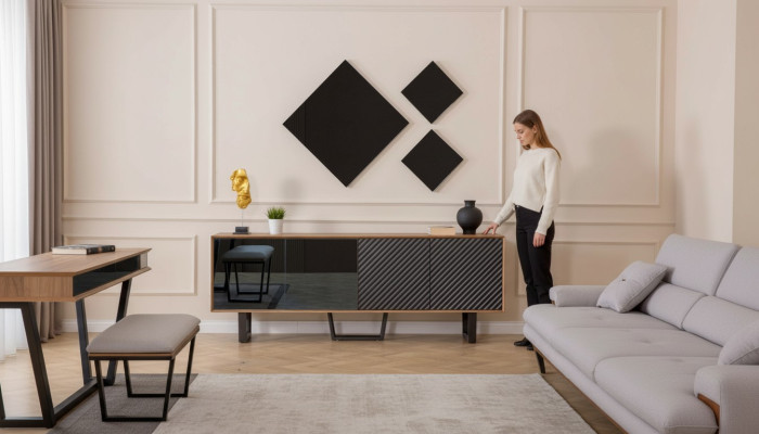 Designer dining room set, 4-piece sideboard with 3 mirrors, modern style, new.
