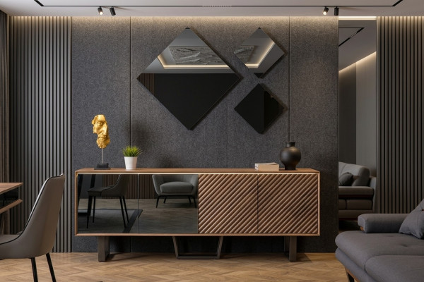 Designer dining room set, 4-piece sideboard with 3 mirrors, modern style, new.