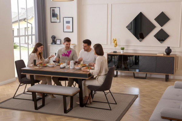 Dining room set: dining table, 4 chairs, bench, sideboard, dining group, 3 mirrors, 10-piece set