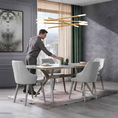 Modern dining table with 6 chairs, designer luxury dining room furniture, wooden dining set.