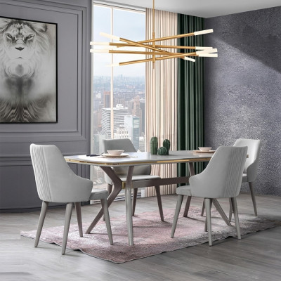 Modern dining table with 6 chairs, designer luxury dining room furniture, wooden dining set.