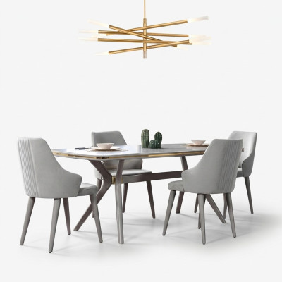 Modern dining table with 6 chairs, designer luxury dining room furniture, wooden dining set.