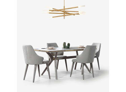 Modern dining table with 6 chairs, designer luxury dining room furniture, wooden dining set.