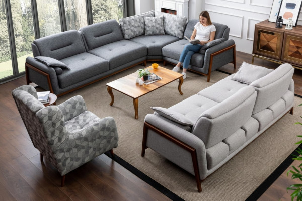 Living Room Set L-Shaped Corner Sofa Couch Grey Upholstery 3+1 Seater Fabric