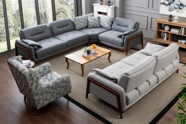 Living Room Set L-Shaped Corner Sofa Couch Grey Upholstery 3+1 Seater Fabric