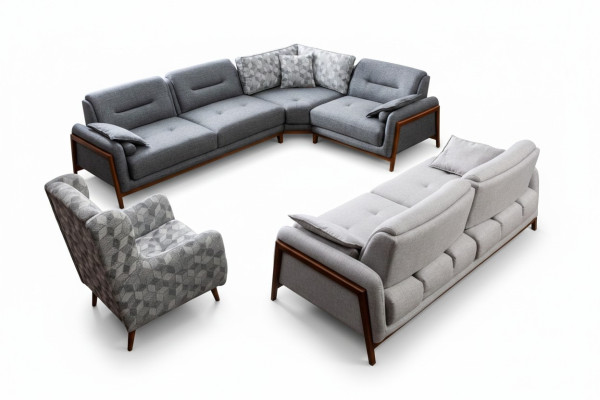 Living Room Set L-Shaped Corner Sofa Couch Grey Upholstery 3+1 Seater Fabric