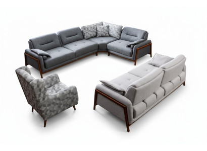 Living Room Set L-Shaped Corner Sofa Couch Grey Upholstery 3+1 Seater Fabric
