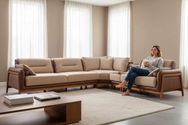 Luxury L-Shaped Corner Sofa Beige Living Room Furniture Couch Multi-function Couches Modern