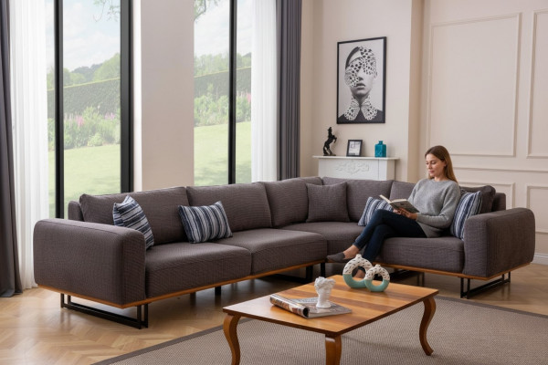 Designer sofa L-shape upholstery textile modern brown luxury living landscape