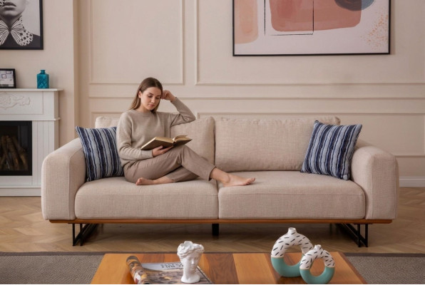Designer Sofa 3-Seater Upholstery Fabric Modern Upholstery Beige 230cm Couches