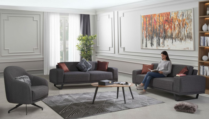 Luxury living room set consists of a 3-piece black color design sofa set.