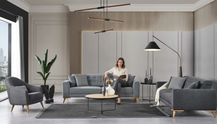 Stylish living room set 3-piece. Luxury furniture gray modern design 3+1 sofa
