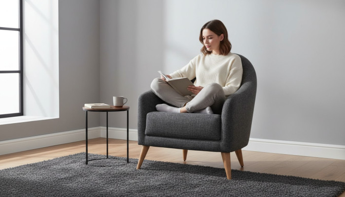 Designer soft armchair, gray color, luxury living room, upholstery, textile, lounge club.