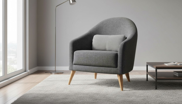 Designer soft armchair, gray color, luxury living room, upholstery, textile, lounge club.