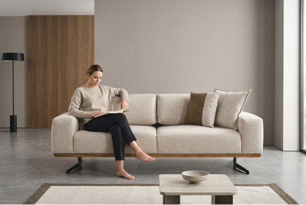 Designer three-seater sofa beige color luxury furniture in living room 225cm