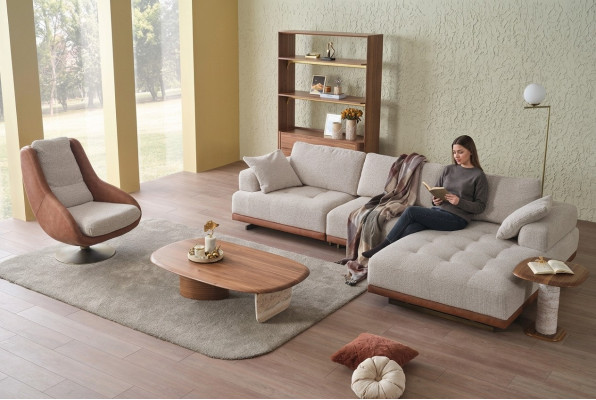 Stylish living room set 2-piece. Luxury corner sofa L-shape + armchair designer set