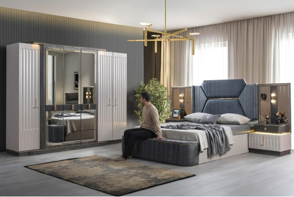 Bedroom set: bed, 2x nightstands, wardrobe, 4-piece design wardrobe