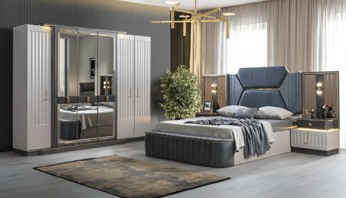 Bedroom set: bed, 2x nightstands, wardrobe, 4-piece design wardrobe